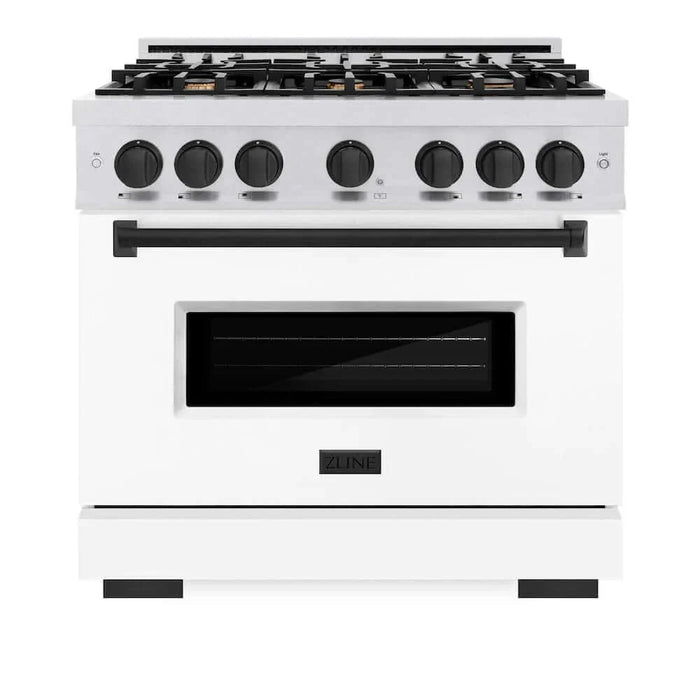 ZLINE 36" Dual Fuel Range, Gas Cooktop, Electric Convection Oven DuraSnow® Stainless Steel, White Matte Door Matte Black CDRSZ-WM-36-MB09K