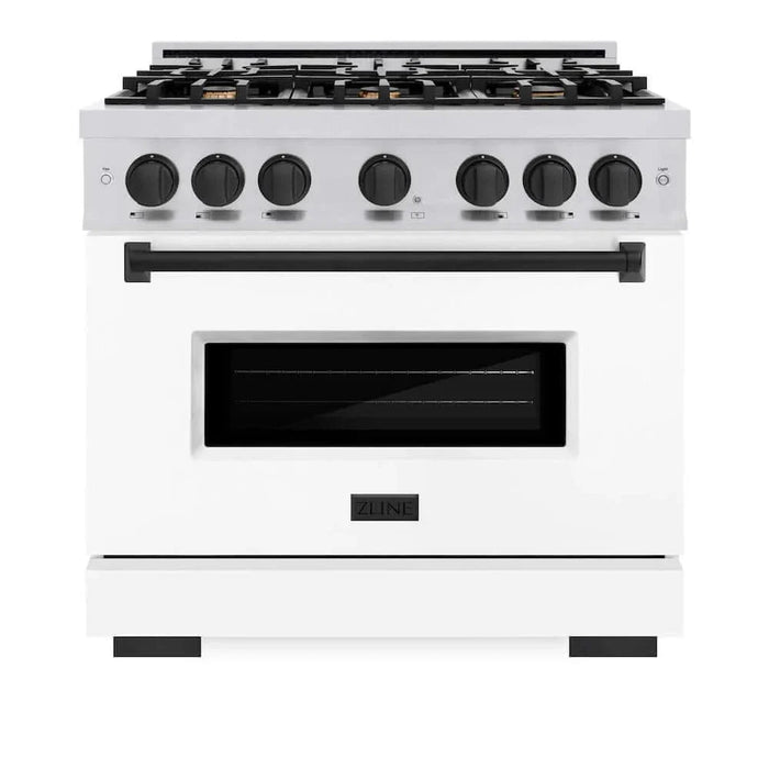 ZLINE 36" Dual Fuel Range, Gas Cooktop, Electric Convection Oven Stainless Steel, Matte White Door Matte Black CDRZ-WM-36-MB09K