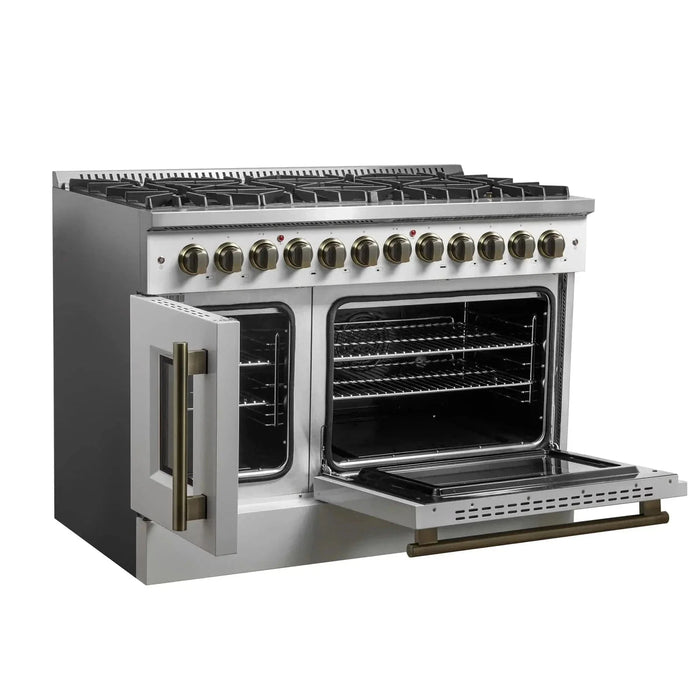 Forno Galiano 48" French Door Dual Fuel Range, 8 Burners, Electric Convection Oven, White Antique Brass Trim, FFSGS6356-48WHT09K