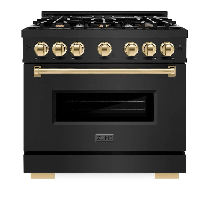 ZLINE 36" Dual Fuel Range, Gas Cooktop, Electric Convection Oven Black Stainless Steel, Gold CDRBZ-36-G09K