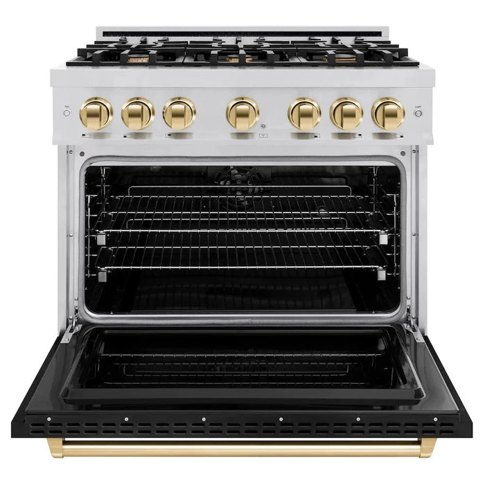 ZLINE 36" Dual Fuel Range, Gas Cooktop, Electric Convection Oven Stainless Steel, Black Matte Door Polished Gold CDRZ-BLM-36-G09K