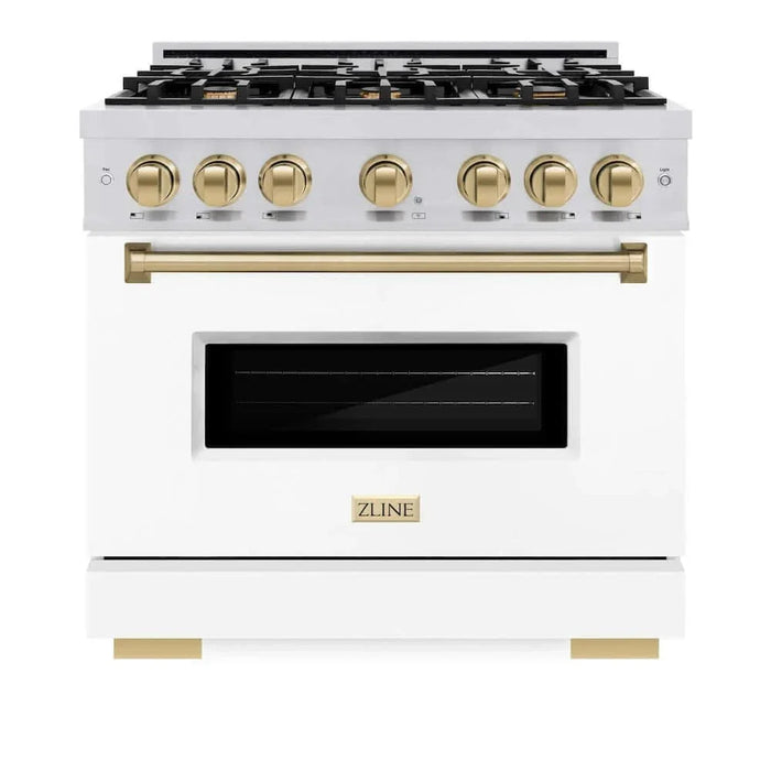 ZLINE 36" Dual Fuel Range, Gas Cooktop, Electric Convection Oven Stainless Steel, Matte White Door Champagne Bronze CDRZ-WM-36-CB09K