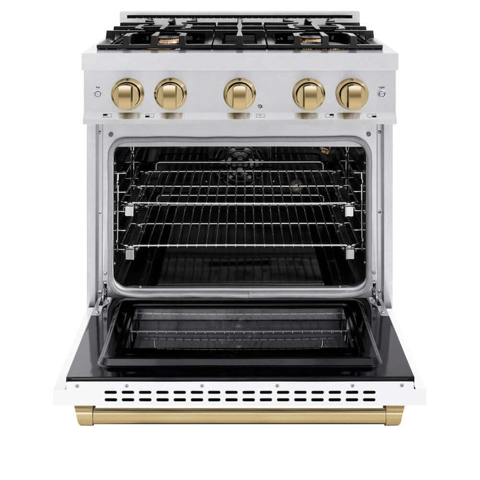 ZLINE 30" Select Gas Range Convection Gas Oven DuraSnow® Stainless Steel White Matte Door Polished Gold HGRSZ-WM-30-G09K