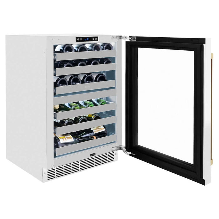 ZLINE 24" Touchstone Dual Zone 44 Bottle Wine Cooler White Matte Glass Door Champagne Bronze Handle RWDOZ-WM-24-CB09K