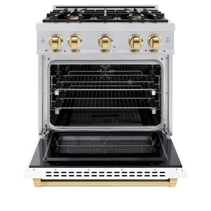 ZLINE 30" Select Dual Fuel Range Gas Cooktop Electric Convection Oven Stainless Steel White Matte Doors Polished Gold HDRZ-WM-30-G09K