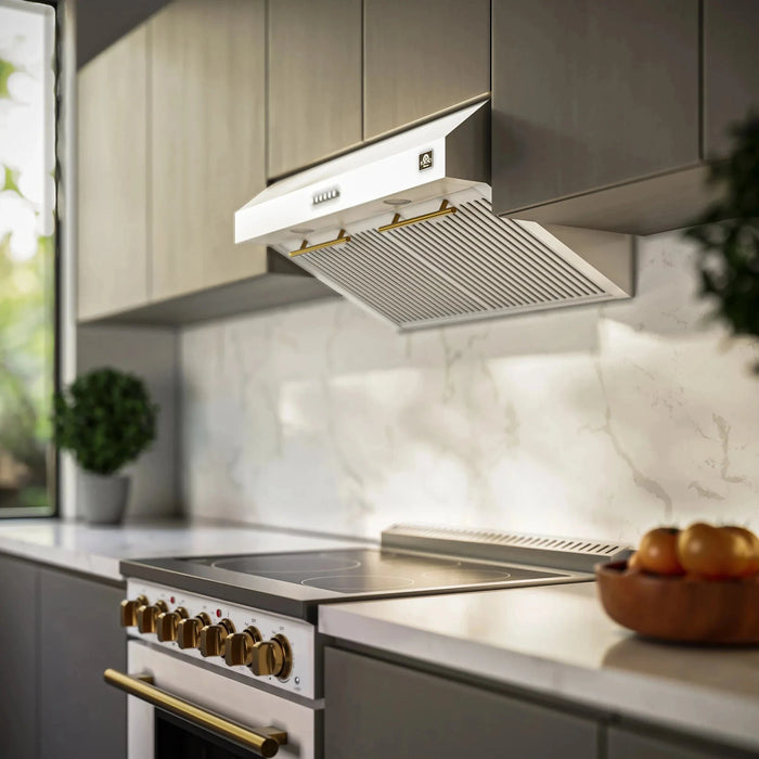 Forno Espresso Package - 30" Electric Range, Range Hood and Refrigerator in White with Silver Handles, FBDL-001-03US09K