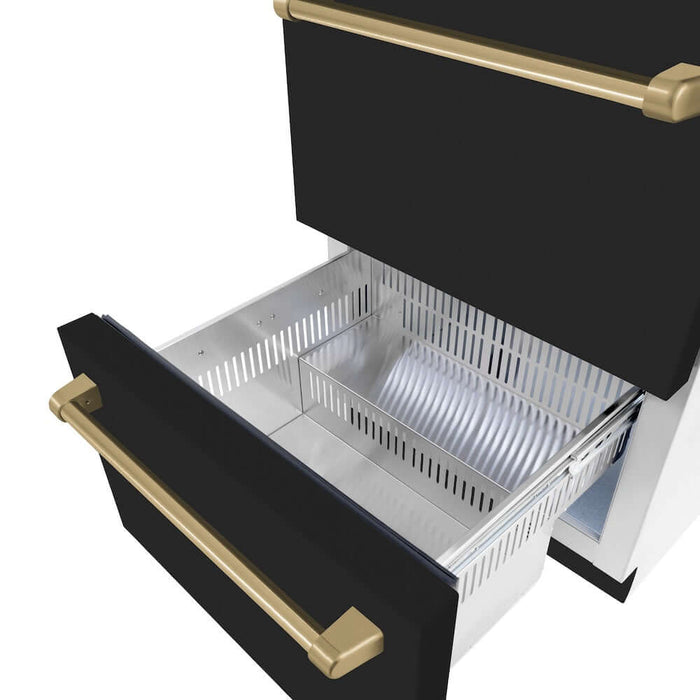 ZLINE Autograph Edition 24" Touchstone 168 Can Outdoor-Rated Dual Refrigerator Drawer, Black Matte Door, Accents  RDSOZ-BLM-24-CB09K