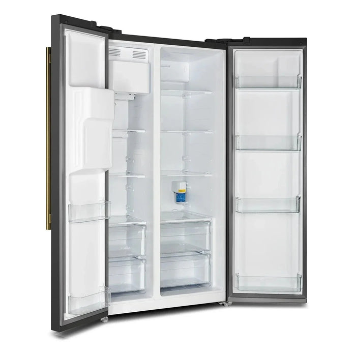 Forno Espresso Salerno 36"Side-by-Side Refrigerator, Water Dispenser, Black with Antique Brass Handle FFRBI1844-36BLK09K