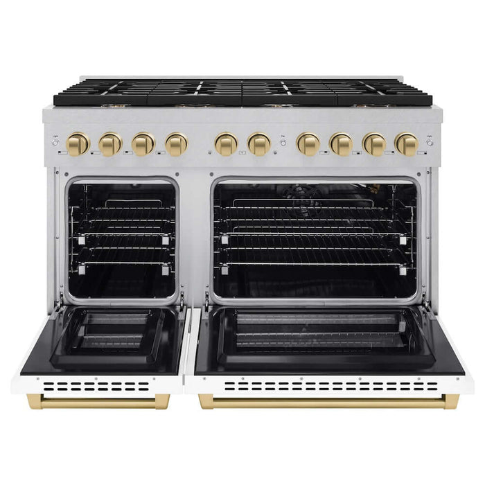ZLINE 48"Gas Range, Convection Gas Oven, DuraSnow® White Matte, Champagne Bronze SGRSZ-WM-48-CB09K