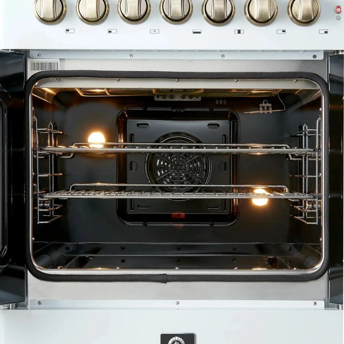 Forno Galiano 30"French Door Dual Fuel Range 5 Gas Burners, Electric Convection Oven White, Antique Brass Trim, FFSGS6356-30WHT09K
