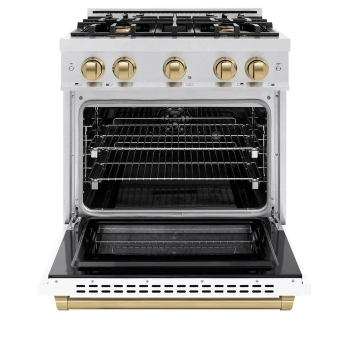 ZLINE 30" Select Dual Fuel Range Gas Cooktop Electric Convection Oven DuraSnow® Stainless Steel White Matte Door Champagne Bronze HDRSZ-WM-30-CB09K
