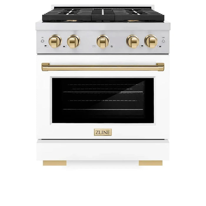 ZLINE 30"Gas Range, Convection Oven White Matte, Polished Gold, SGRZ-WM-30-G09K