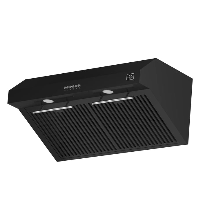 Forno Espresso Package - 30" Electric Range, Range Hood and Refrigerator in Black with Silver Handles FBDL-001-02US09K