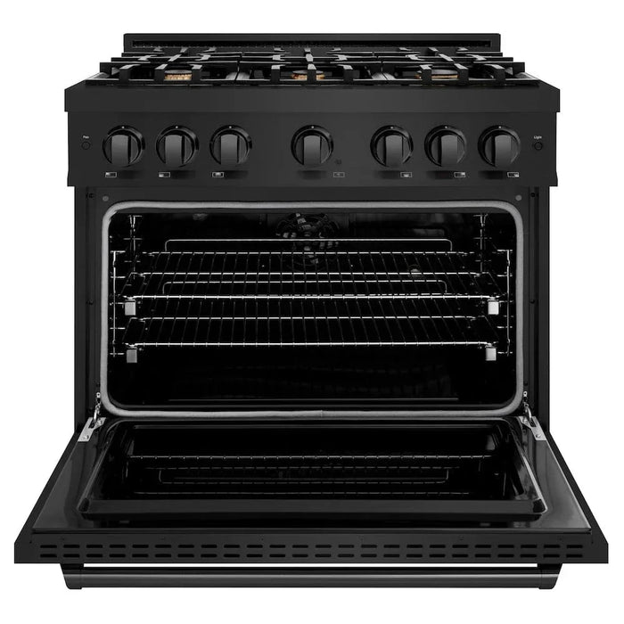 ZLINE 36" Dual Fuel Range, Gas Cooktop, Electric Convection Oven Black Stainless Steel Brass Burners, CDRB-BR-3609K