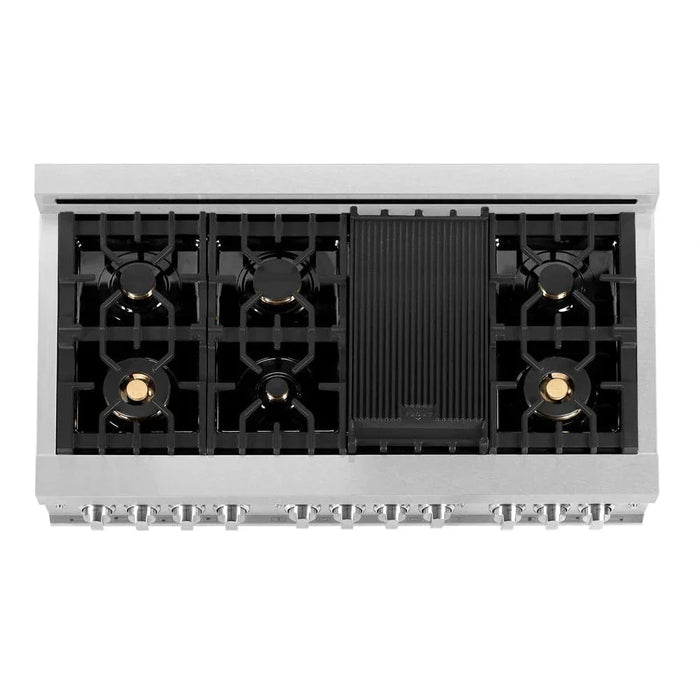 ZLINE 48" Dual Fuel Range, DuraSnow Stainless, Brass Burners, Griddle RAS-SN-BR-GR-4809K