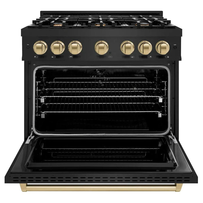 ZLINE 36" Dual Fuel Range, Gas Cooktop, Electric Convection Oven Black Stainless Steel, Champagne Bronze CDRBZ-36-CB09K