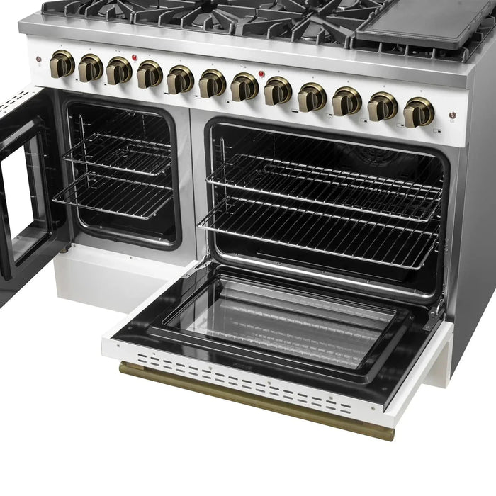 Forno Galiano 48" French Door Dual Fuel Range, 8 Burners, Electric Convection Oven, White Antique Brass Trim, FFSGS6356-48WHT09K