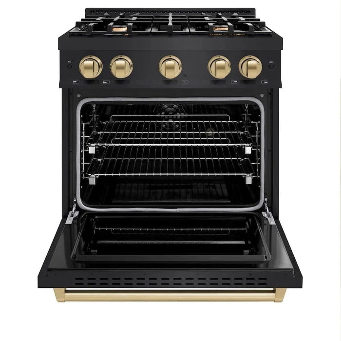ZLINE 30" Dual Fuel Range, Gas Cooktop, Electric Convection Oven Black Stainless Steel, Champagne Bronze CDRBZ-30-CB09K