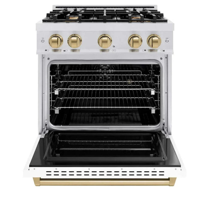 ZLINE 30" Dual Fuel Range, Gas Cooktop, Electric Convection Oven DuraSnow® Stainless Steel, White Matte Door, Matte Black CDRSZ-WM-30-MB09K