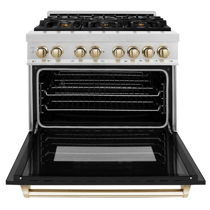 ZLINE 36" Autograph, Dual Fuel Range, Black Door, Gold, RASZ-BLM-36-G09K