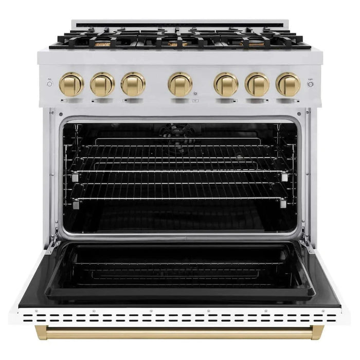 ZLINE 36" Dual Fuel Range, Gas Cooktop, Electric Convection Oven Stainless Steel, Matte White Door Champagne Bronze CDRZ-WM-36-CB09K