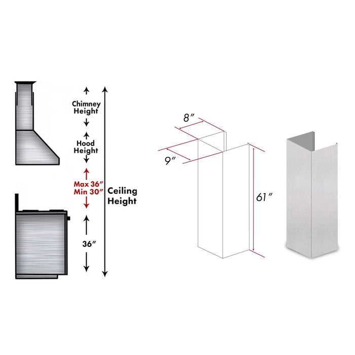 ZLINE 61" Snow Finished Stainless Chimney Extension, For Ceilings Up To 12.5', 8KL3S-E - Farmhouse Kitchen and Bath