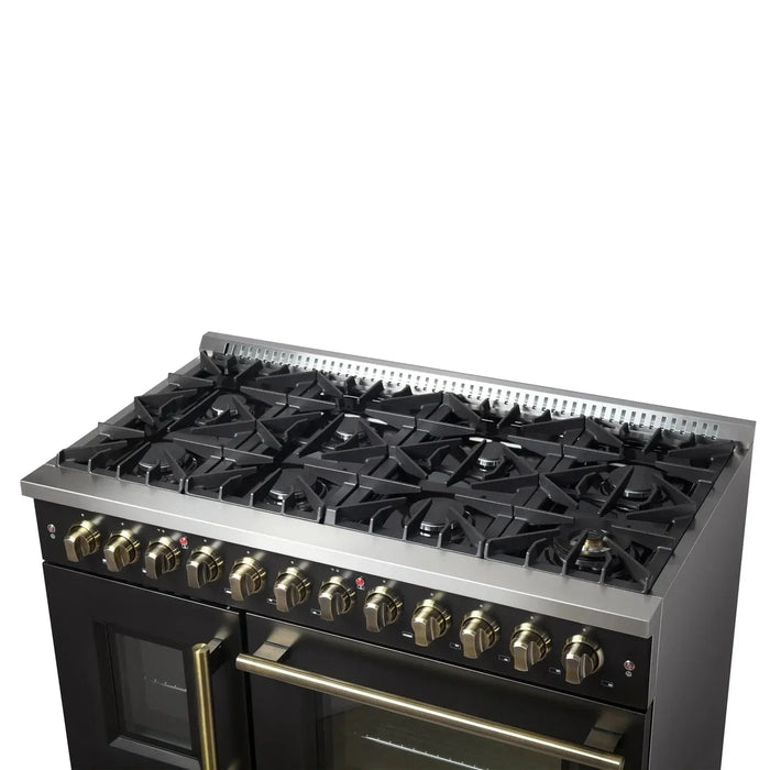 Forno Galiano 48" French Door Dual Fuel Range, 8 Burners, Electric Convection Oven, Black Antique Brass Trim, FFSGS6356-48BLK09K