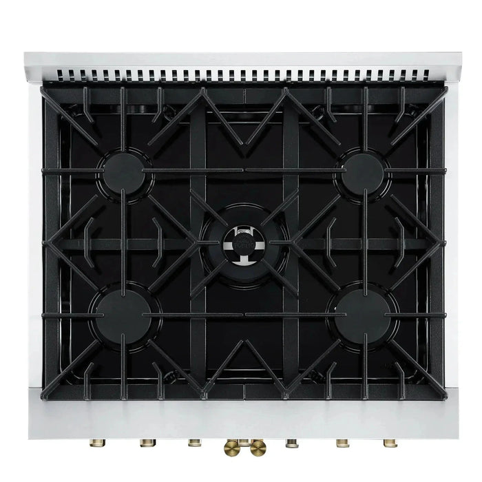 Forno Galiano 30"French Door Dual Fuel Range 5 Gas Burners, Electric Convection Oven White, Antique Brass Trim, FFSGS6356-30WHT09K