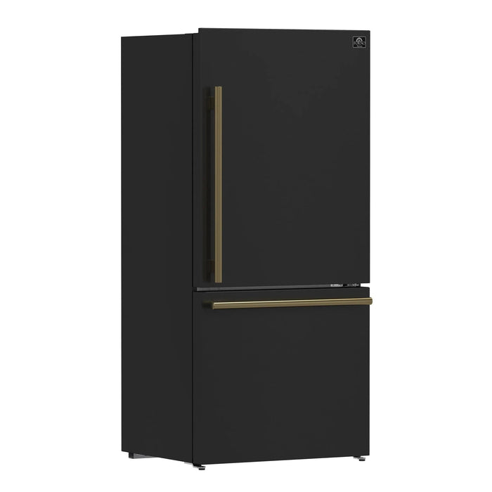 Forno Espresso Package - 30" Electric Range, Range Hood and Refrigerator in Black with Silver Handles FBDL-001-02US09K