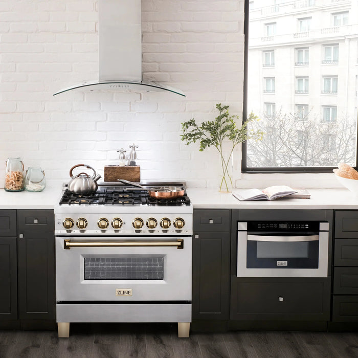 ZLINE Autograph Edition 36" 4.6 cu. ft. Dual Fuel Range with Gas Stove and Electric Oven in Stainless Steel with Accents RAZ-36-G - Farmhouse Kitchen and Bath