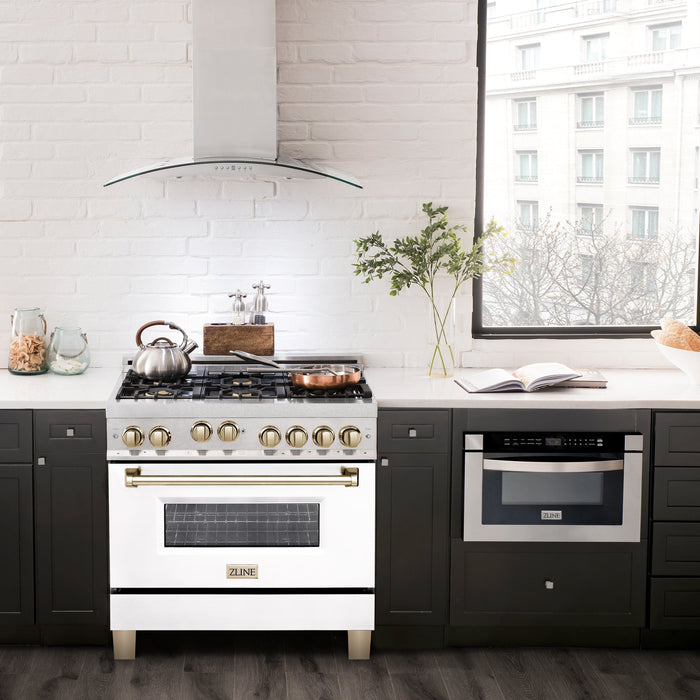 ZLINE 36" Autograph Gas Range, DuraSnow, White Door, Gold RGSZ-WM-36-G - Farmhouse Kitchen and Bath