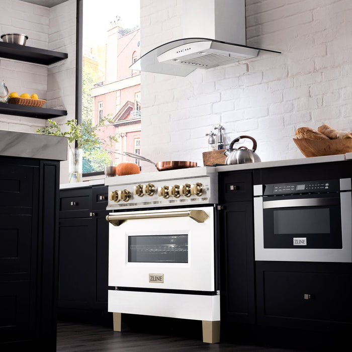 ZLINE 36" Autograph Gas Range, DuraSnow, White Door, Gold RGSZ-WM-36-G - Farmhouse Kitchen and Bath