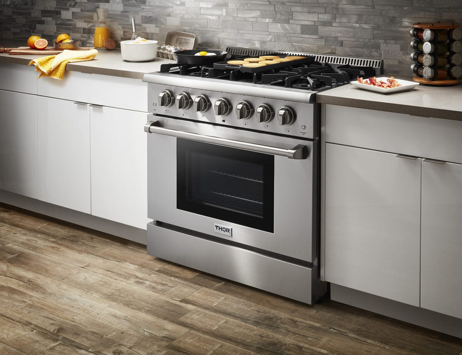 THOR 36″ Pro - style 6 Stainless Steel Burner Gas Range, HRG3618U - Farmhouse Kitchen and Bath