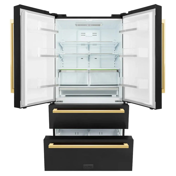 ZLINE Autograph Edition 36" 4-Door French Door Refrigerator, Ice Maker, Black Stainless Steel, Polished Gold Square Handles RFMZ-36-BS-FG09K