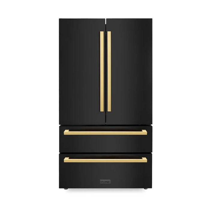 ZLINE Autograph Edition 36" 4-Door French Door Refrigerator, Ice Maker, Black Stainless Steel, Polished Gold Square Handles RFMZ-36-BS-FG09K