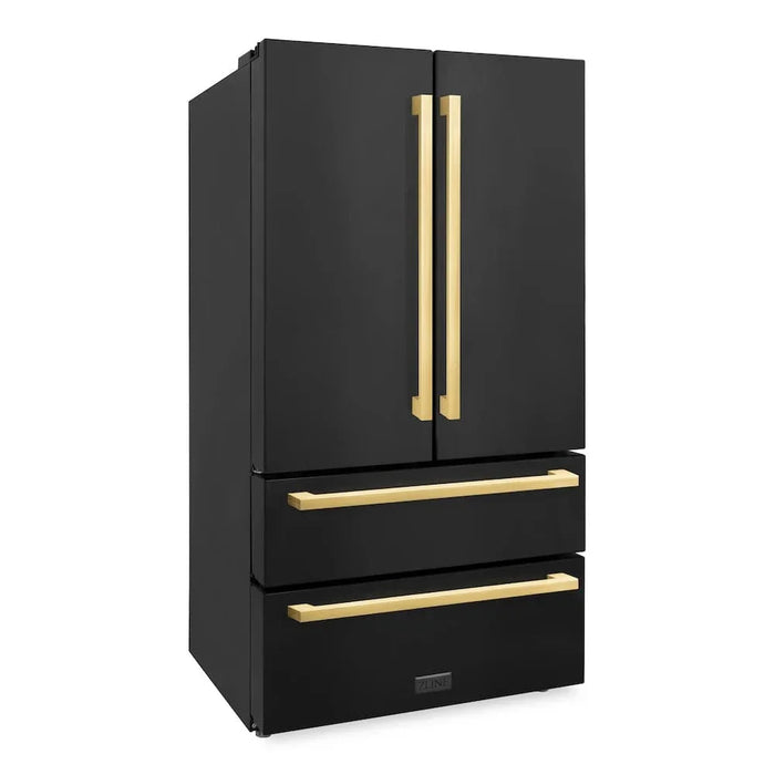 ZLINE Autograph Edition 36" 4-Door French Door Refrigerator, Ice Maker, Black Stainless Steel, Polished Gold Square Handles RFMZ-36-BS-FG09K