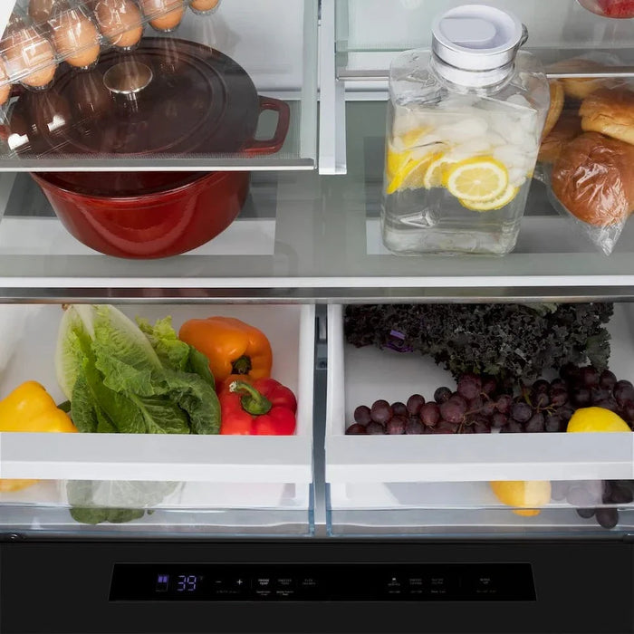 ZLINE Autograph Edition 36" 4-Door French Door Refrigerator, Water, Ice Dispenser, Black Stainless Steel, Polished Gold Square Handles RFMZ-W-36-BS-FG09K