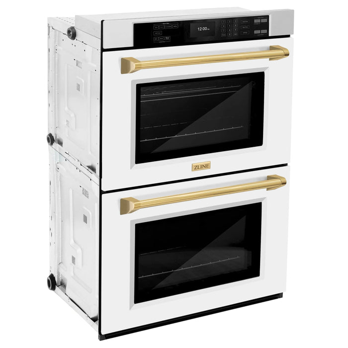 ZLINE 30"Professional True Convection Double Wall Oven, Air Fry, Self Clean, White Matte, Gold WADZ-WM-30-G09K