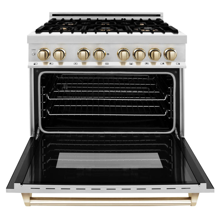 ZLINE Autograph Edition 36" 4.6 cu. ft. Dual Fuel Range with Gas Stove and Electric Oven in Stainless Steel with Accents RAZ-36-G - Farmhouse Kitchen and Bath