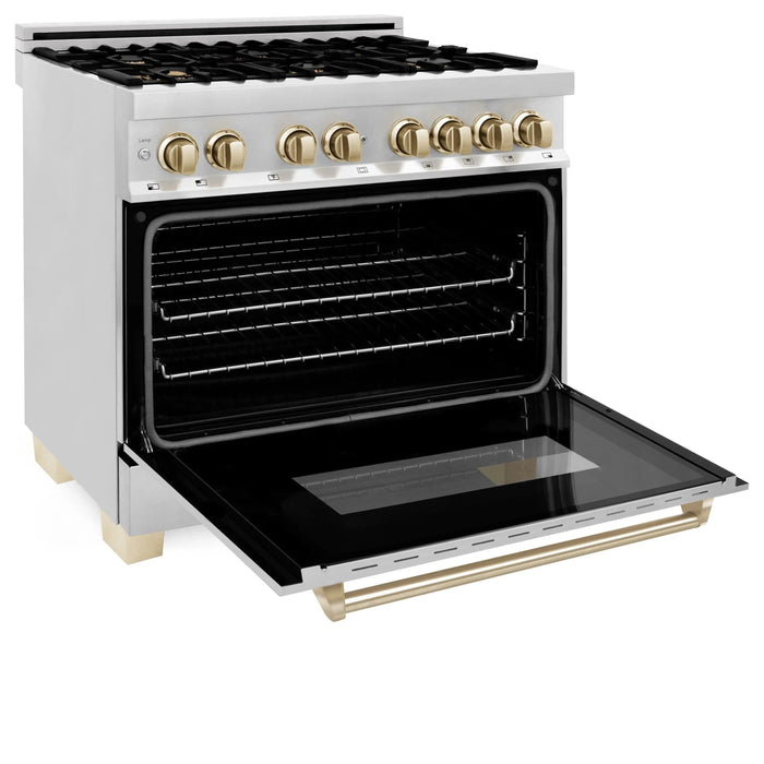 ZLINE Autograph Edition 36" 4.6 cu. ft. Dual Fuel Range with Gas Stove and Electric Oven in Stainless Steel with Accents RAZ-36-G - Farmhouse Kitchen and Bath