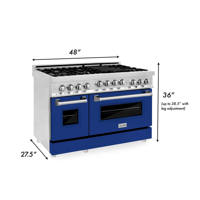 ZLINE 48" Gas on Gas Range in Stainless, Blue Gloss Door, RG-BG-48 - Farmhouse Kitchen and Bath