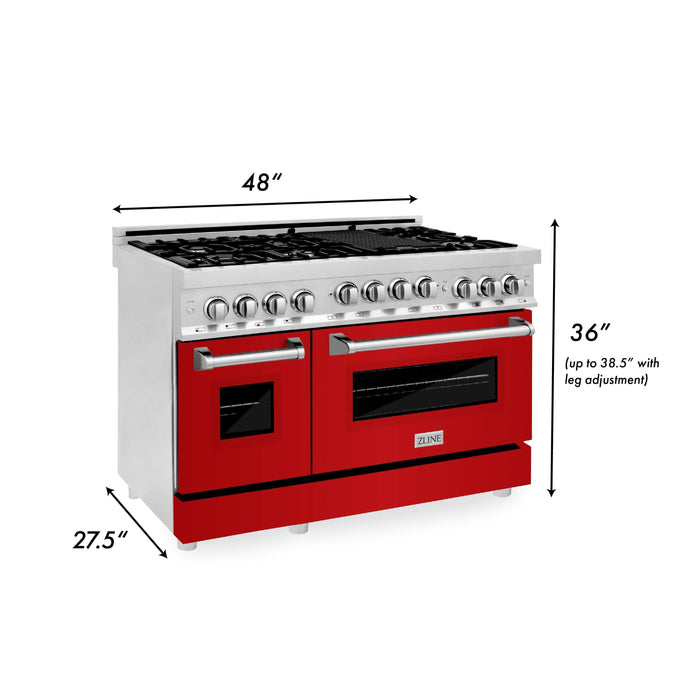 ZLINE 48" Gas on Gas Range in Stainless, Red Gloss Doors, RG-RG-48 - Farmhouse Kitchen and Bath