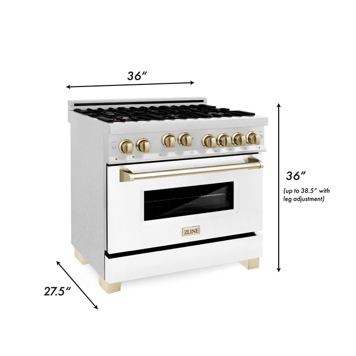 ZLINE 36" Autograph Gas Range, DuraSnow, White Door, Gold RGSZ-WM-36-G - Farmhouse Kitchen and Bath