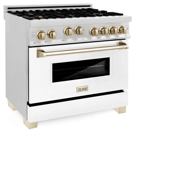 ZLINE 36" Autograph Gas Range, DuraSnow, White Door, Gold RGSZ-WM-36-G - Farmhouse Kitchen and Bath