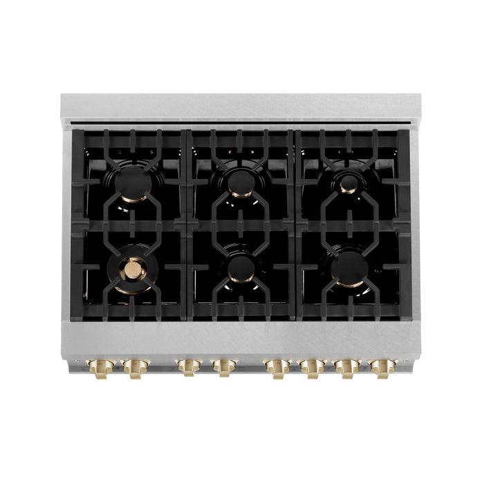 ZLINE 36" Autograph Gas Range, DuraSnow, White Door, Gold RGSZ-WM-36-G - Farmhouse Kitchen and Bath