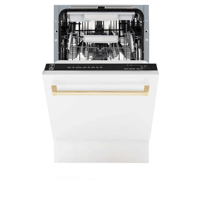 ZLINE 18"Autograph Dishwasher, White door, Gold Handle, DWVZ - WM - 18 - G - Farmhouse Kitchen and Bath