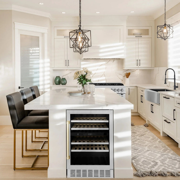 ZLINE 24" Autograph Edition Dual Zone 44 - Bottle Wine Cooler in Stainless Steel with Wood Shelf and Gold Accents RWVZ - UD - 24 - G - Farmhouse Kitchen and Bath