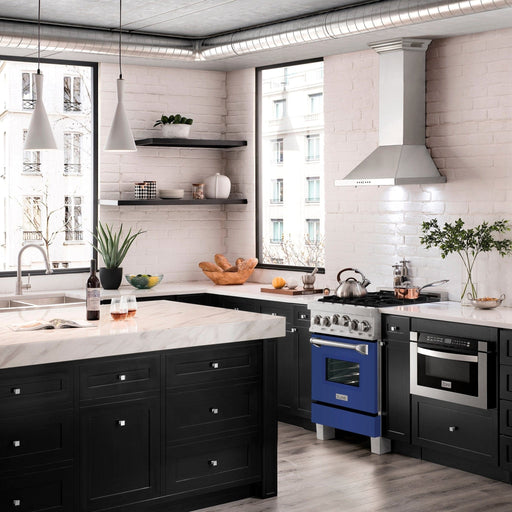 ZLINE 24" Gas Range In DuraSnow, Stainless, Blue Gloss Door, RGS - BM - 24 - Farmhouse Kitchen and Bath