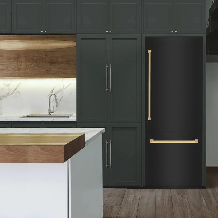 ZLINE 30" Autograph 16.1 cu. ft. 2 - Door Bottom Freezer Fridge Water/Ice Dispenser Black Stainless Steel Gold Accents RBIVZ - BS - 30 - G - Farmhouse Kitchen and Bath