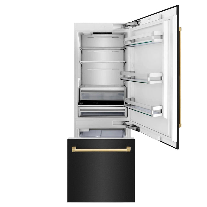 ZLINE 30" Autograph 16.1 cu. ft. 2 - Door Bottom Freezer Fridge Water/Ice Dispenser Black Stainless Steel Gold Accents RBIVZ - BS - 30 - G - Farmhouse Kitchen and Bath